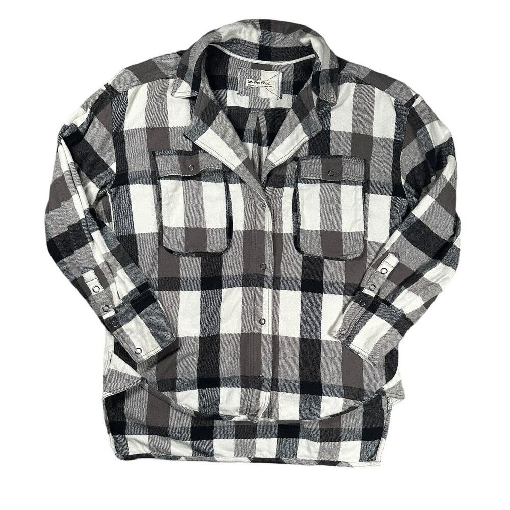 Free People Izzie Cargo Flannel Shacket XS Black White Plaid Button Up Jacket